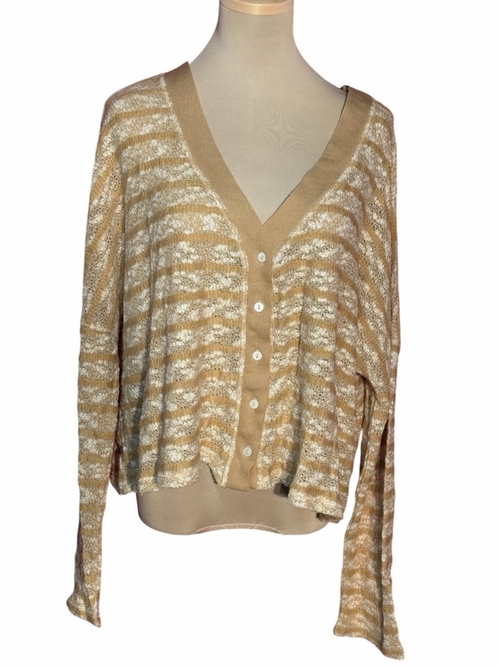 Umgee Cream & Tan Striped V-Neck Button Cardigan Large